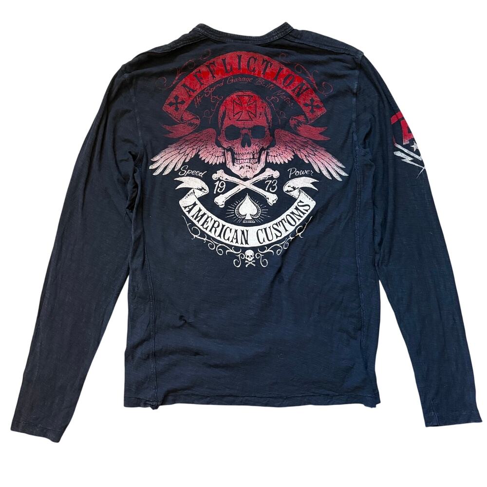 Affliction Y2K Skull Long Sleeve T-shirt Size M Faded Black Biker
